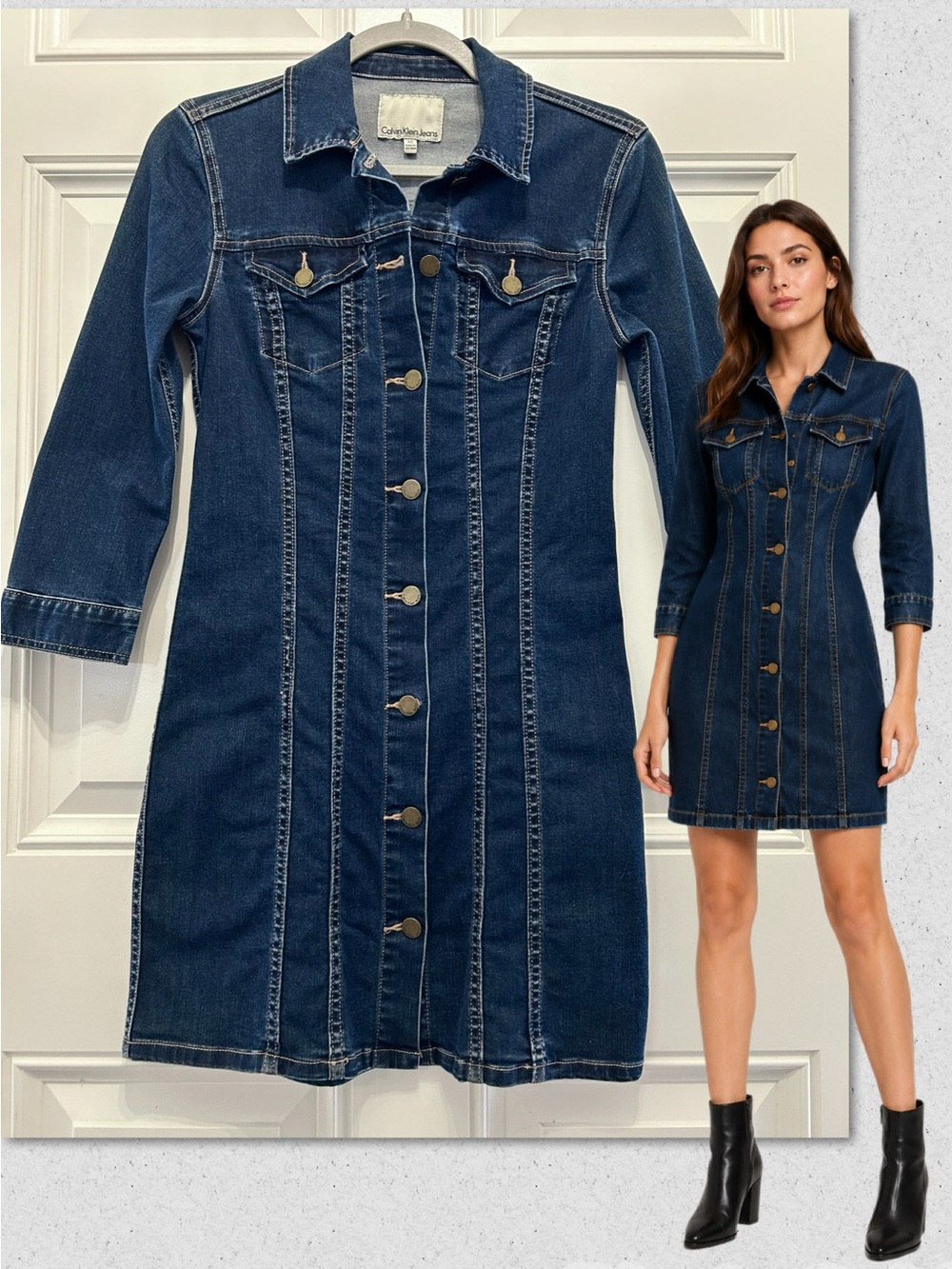 Y2K Calvin Klein Jeans Dark Wash Denim Button Front Mini Dress 3/4 Long Sleeve